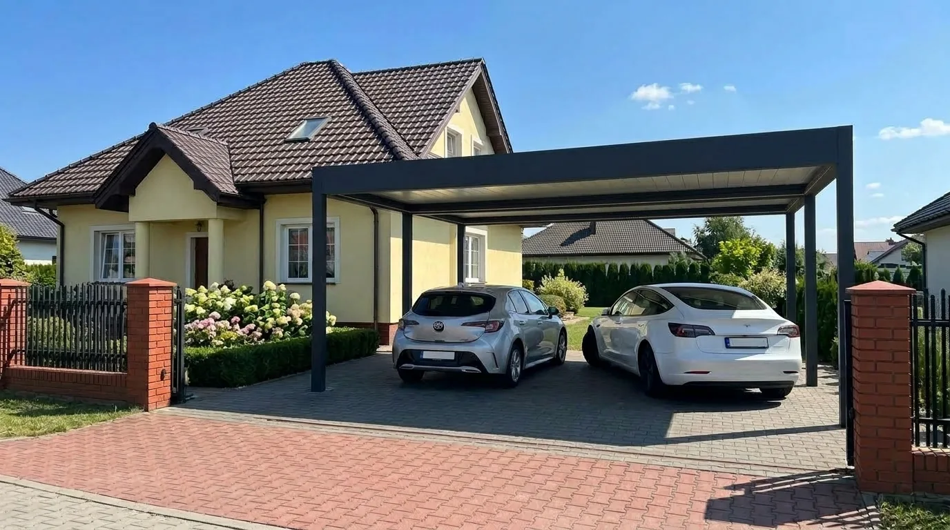 Dwustanowiskowy carport aluminiowy 6x6 m przy domu